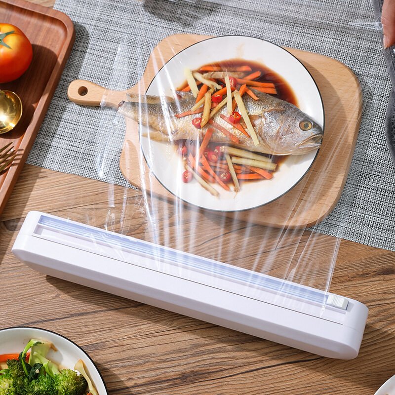 Cling Wrap Dispenser With Cutter Suction Cup Type Plastic Film Cutter Household Divider Adjustable Storage Cutting Box Cling Film Dispenser with Cutter Creative Kitchen Supplies Tool Professional BPA 